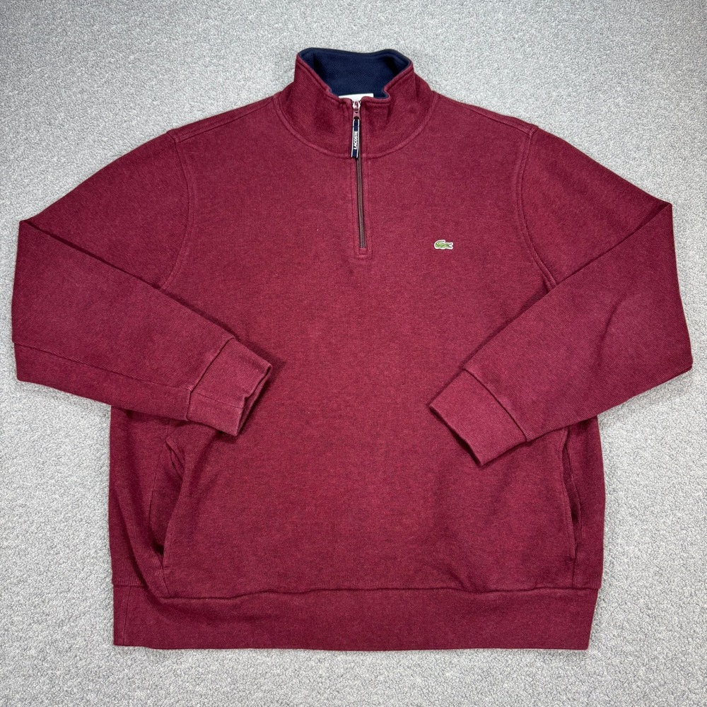 Lacoste Sweater Men's 3XL Burgundy Lined Quarter Zip Pullover Cotton Sweatshirt